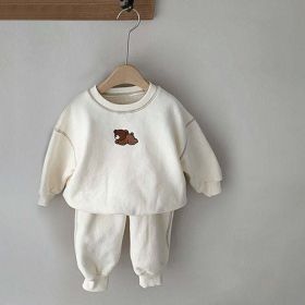 Baby Cartoon Bear Patched Graphic Hoodies Combo Solid Trousers Casual 2 Pieces Sets (Color: Beige, Size/Age: 110 (3-5Y))