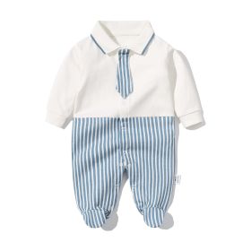 Baby Boy Striped Patchwork Pattern Tie Dye Design Lapel Convered Jumpsuit (Color: Blue, Size/Age: 73 (6-9M))