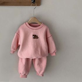 Baby Cartoon Bear Patched Graphic Hoodies Combo Solid Trousers Casual 2 Pieces Sets (Color: pink, Size/Age: 73 (6-9M))