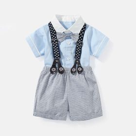 Baby Boy Solid Color Single Breasted Design Onesies With Bow Tie Combo Striped Overalls Shorts Sets (Color: Blue, Size/Age: 73 (6-9M))