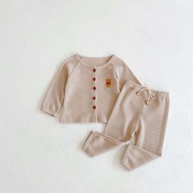 Baby Cartoon Bear Embroidered Graphic Button Front Waffle Knitted Cardigan Combo Pants Sets (Color: Khaki, Size/Age: 100 (2-3Y))
