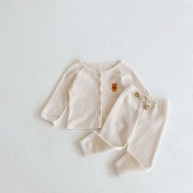 Baby Cartoon Bear Embroidered Graphic Button Front Waffle Knitted Cardigan Combo Pants Sets (Color: Apricot, Size/Age: 100 (2-3Y))