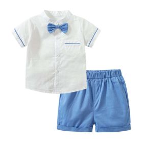 Baby Boy Solid Color Single Breasted Design Bow Tie Shirt Combo Shorts College Style Sets (Color: Blue, Size/Age: 100 (2-3Y))