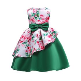 Baby Girl Floral Pattern Bow Tie Princess Tutu Dress Formal Dress (Color: green, Size/Age: 150 (10-12Y))