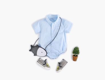 Baby Boy Solid Color Buttoned Shirt With Pockets Short Sleeve Onesies Online In Summer (Color: Blue, Size/Age: 80 (9-12M))