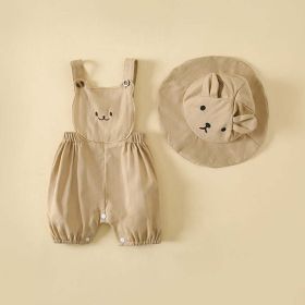 Baby Boys And Girls Stereoscopic Bear Sleeveless Straps Shorts With Sun Hat Sets In Summer (Color: Khaki, Size/Age: 90 (12-24M))