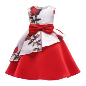 Baby Girl Floral Pattern Bow Tie Princess Tutu Dress Formal Dress (Color: Red, Size/Age: 130 (7-8Y))