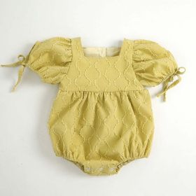 Baby Girls Embroidery Design Solid Color Square Collar Puff Sleeves Onesies In Summer (Color: yellow, Size/Age: 66 (3-6M))