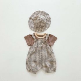 Baby Girl Short-Sleeved Plaid Pattern Backpack Pants With Hat Three Piece Sets In Summer (Color: Coffee, Size/Age: 100 (2-3Y))