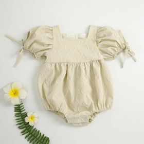 Baby Girls Embroidery Design Solid Color Square Collar Puff Sleeves Onesies In Summer (Color: Apricot, Size/Age: 80 (9-12M))