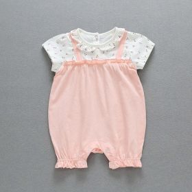 Baby Girls Floral Print Pattern Lace Design Round Collar Short- Sleeved Fake 2-Pieces Rompers In Summer (Color: pink, Size/Age: 73 (6-9M))
