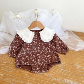 Baby Girl Floral Pattern Ruffle Lapel Design Bodysuit (Color: brown, Size/Age: 100 (2-3Y))
