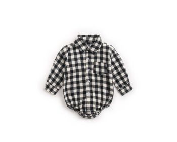 Baby Boy Plaid Pattern Buttoned Shirt With Pockets Long Sleeve Onesies In Autumn (Color: black, Size/Age: 100 (2-3Y))
