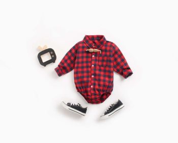 Baby Boy Plaid Pattern Buttoned Shirt With Pockets Long Sleeve Onesies In Autumn (Color: Red, Size/Age: 66 (3-6M))