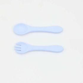 Baby Food Grade Complementary Food Training Silicone Spoon Fork Sets (Color: Blue, Size/Age: Average Size (0-8Y))