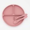 Baby Silicone Round Sucker Compartment Dinner Plate With Spoon Fork Sets