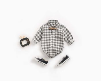 Baby Boy Plaid Pattern Buttoned Shirt With Pockets Long Sleeve Onesies In Autumn (Color: Grey, Size/Age: 73 (6-9M))