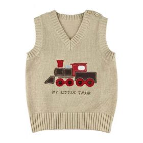 Baby Boy Cartoon Train Pattern Sleeveless Knitted Sweater Vest (Color: Beige, Size/Age: 100 (2-3Y))