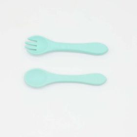 Baby Food Grade Complementary Food Training Silicone Spoon Fork Sets (Color: green, Size/Age: Average Size (0-8Y))