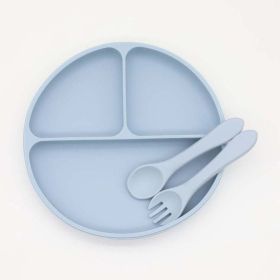 Baby Silicone Round Sucker Compartment Dinner Plate With Spoon Fork Sets (Color: Blue, Size/Age: Average Size (0-8Y))