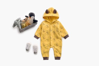 Baby Cartoon Animal Graphic Snap Button Thick Rompers With Hat (Color: yellow, Size/Age: 90 (12-24M))