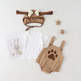 Baby Kids Puppy Print Pattern Short Sleeves With Straps Onesies In Set With Hat Of Puppy Shape (Color: Coffee, Size/Age: 90 (12-24M))