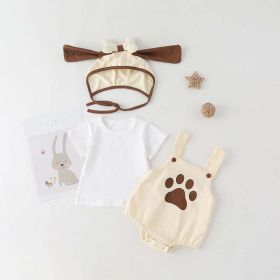 Baby Kids Puppy Print Pattern Short Sleeves With Straps Onesies In Set With Hat Of Puppy Shape (Color: Beige, Size/Age: 73 (6-9M))