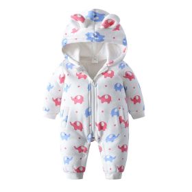 Baby Cartoon Elephant Pattern Zipper Front Design Rompers With Hat (Color: White, Size/Age: 90 (12-24M))