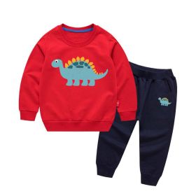 Baby Boy Cartoon Dinosaur Pattern Hoodie Combo Casual Pants Sport Style Sets (Color: Red, Size/Age: 120 (5-7Y))