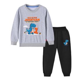 Baby Boy Cartoon Dinosaur Print Pattern Hoodie Combo Trousers Cotton 1 Pieces Sets (Color: Khaki, Size/Age: 100 (2-3Y))