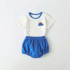 Baby Cartoon Dinosaur Pattern Contrast Neck Tee Combo Solid Shorts Sets (Color: Blue, Size/Age: 90 (12-24M))