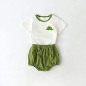 Baby Cartoon Dinosaur Pattern Contrast Neck Tee Combo Solid Shorts Sets (Color: green, Size/Age: 90 (12-24M))