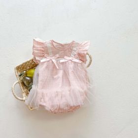 Baby Girl Grid Pattern Combo Mesh Design Round Collar Short-Sleeved Onesies (Color: pink, Size/Age: 80 (9-12M))