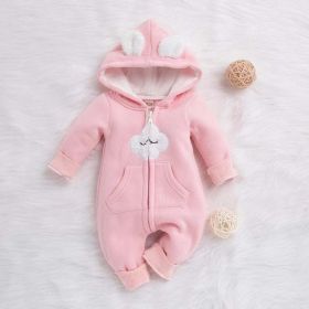 Baby Cartoon Cloud Pattern Zipper Front Solid Color Fleece Rompers With Hat (Color: pink, Size/Age: 73 (6-9M))
