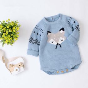 Baby Cartoon Fox Graphic Long Sleeves Triangle Knitted Romper Jumpsuit In Autumn (Color: Blue, Size/Age: 100 (2-3Y))