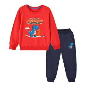 Baby Boy Cartoon Dinosaur Print Pattern Hoodie Combo Trousers Cotton 1 Pieces Sets (Color: Red, Size/Age: 110 (3-5Y))