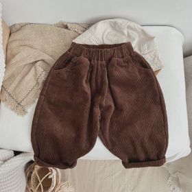 Baby Boy And Girl Solid Color Corduroy Fabric Long Pants With Pockets (Color: Coffee, Size/Age: 130 (7-8Y))