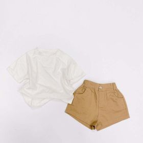 Baby Boy And Girl Solid Color Basic Denim Shorts With Pockets In Summer (Color: Khaki, Size/Age: 100 (2-3Y))