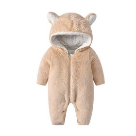 Baby Boy And Girl Solid Color Coral Fleece Thickened Romper (Color: brown, Size/Age: 66 (3-6M))