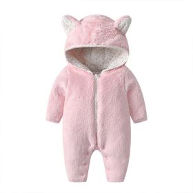 Baby Boy And Girl Solid Color Coral Fleece Thickened Romper (Color: pink, Size/Age: 90 (12-24M))