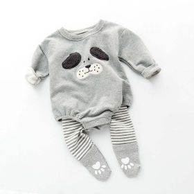 Baby Cartoon Pattern Long Sleeved Onesies Combo Striped Pantihose Sets (Color: Grey, Size/Age: 73 (6-9M))