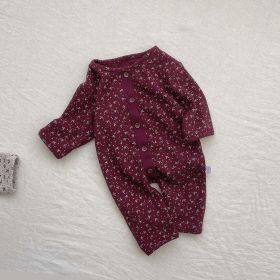 Baby Ditsy Flower Pattern Full Button Design Waffle Knit Rompers (Color: Red, Size/Age: 73 (6-9M))