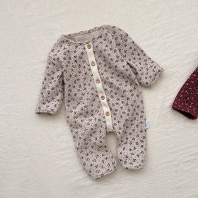 Baby Ditsy Flower Pattern Full Button Design Waffle Knit Rompers (Color: Apricot, Size/Age: 90 (12-24M))