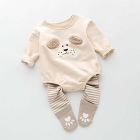 Baby Cartoon Pattern Long Sleeved Onesies Combo Striped Pantihose Sets (Color: Apricot, Size/Age: 80 (9-12M))