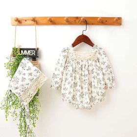 Baby Girl Floral Pattern Lace Patchwork Design Backless Bubble Sleeve Onesies With Hat (style: Long Sleeve, Size/Age: 80 (9-12M))