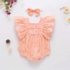 Baby Girl Solid Color Square Collar Design Short-Sleeved Onesies With Headband In Summer Outside Wearing