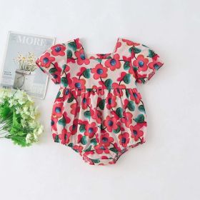 Baby Girl Floral Print Square Collar Short-Sleeved Onesies (Color: Red, Size/Age: 66 (3-6M))