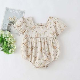 Baby Girl Floral Print Square Collar Short-Sleeved Onesies (Color: Beige, Size/Age: 80 (9-12M))