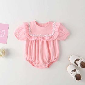 Baby Girl Round Collar Short-Sleeved Small Daisy Pattern Flounce Design Embroidered Onesies (Color: pink, Size/Age: 80 (9-12M))
