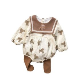 Baby All Over Bear Pattern Big Lapel Design Bodysuit (Color: brown, Size/Age: 90 (12-24M))